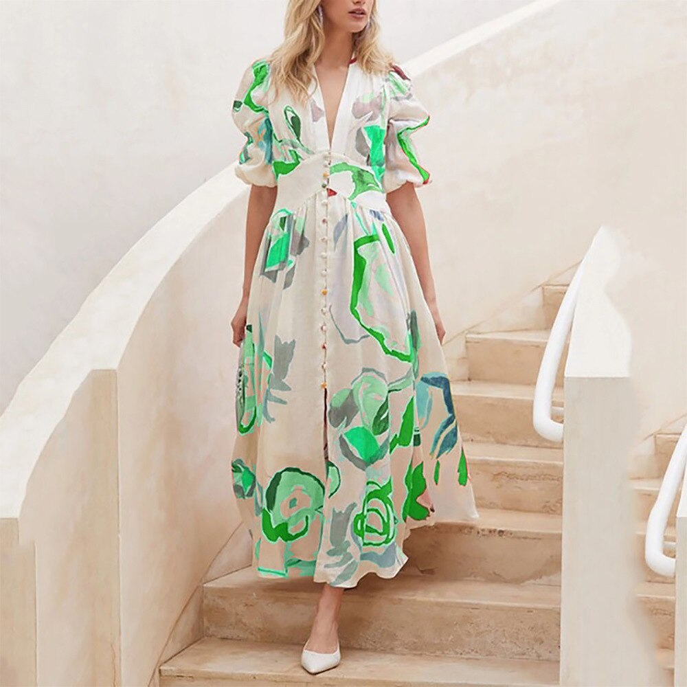 Dresses For Women 2023 Summer Sexy Print Long Maxi Dress Ladies Elegant Button Up Boho Floral Ruffles Pink Robe Vestidos