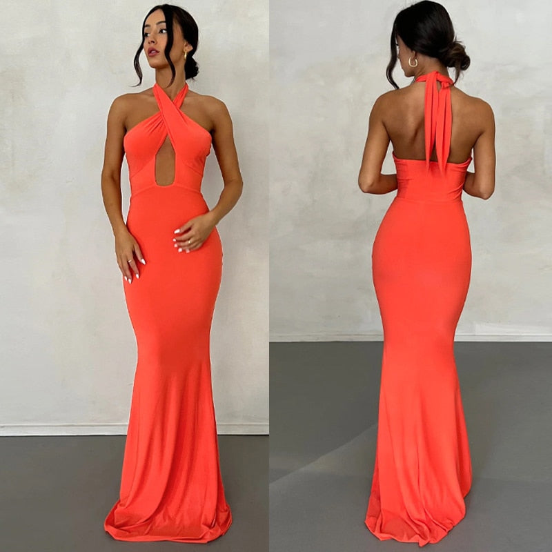 Elegant Backless Party Dress for Women Summer Sexy Halter Neck Bodycon Maxi Dress 2023 Evening Club Long Dress Black Vestido