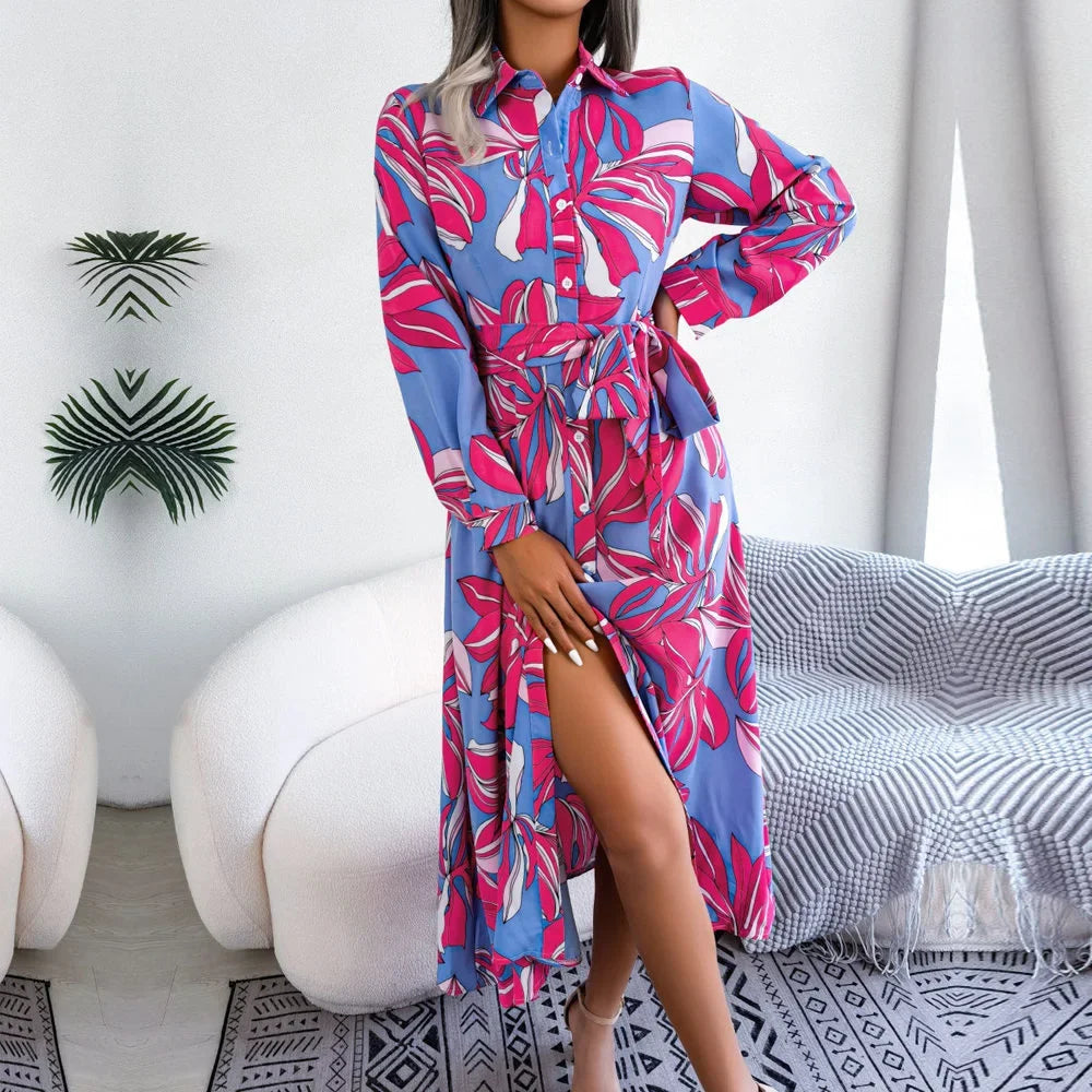 Inaya - Rose Red Floral Print Button-Up Midi Dress