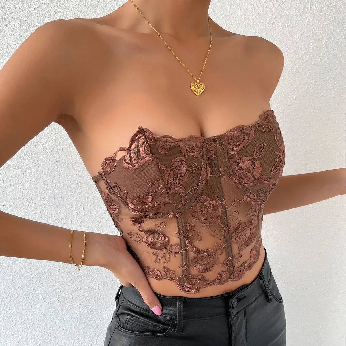 Noelle - Floral Lace Strapless Corset Top