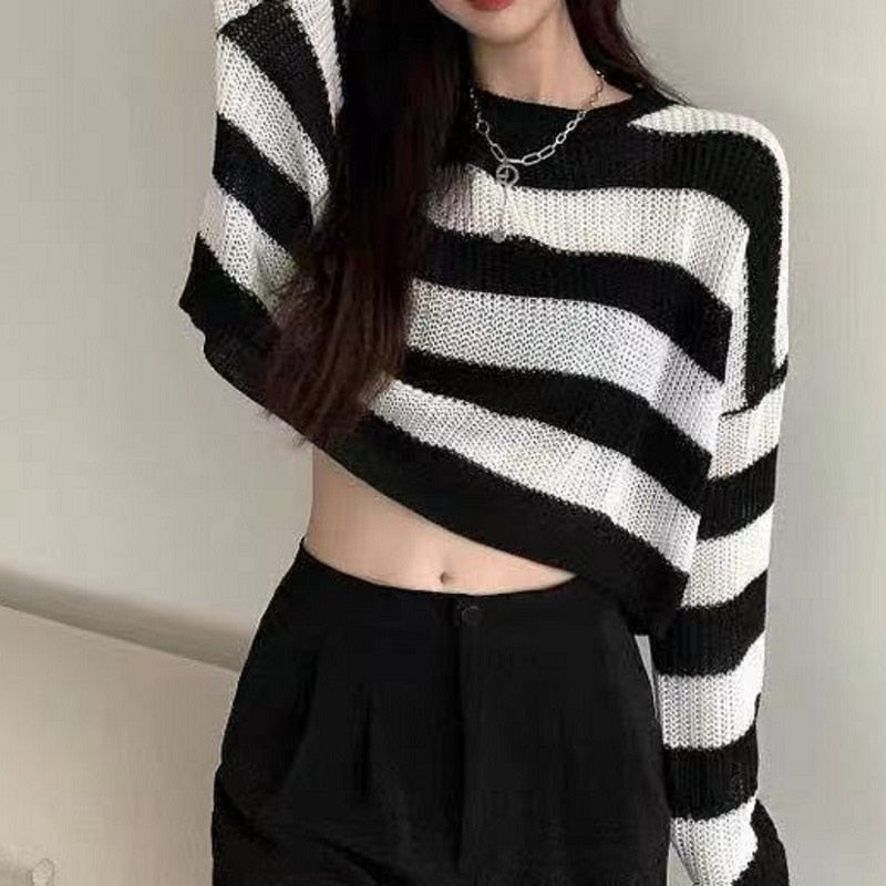 Korean Striped Cropped Sweater