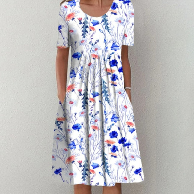 Dresses O-neck Knee-length Casual Print Empire Pullover Cotton Loose Women's Clothing Short Sleeve Summer Comfortable Leisure