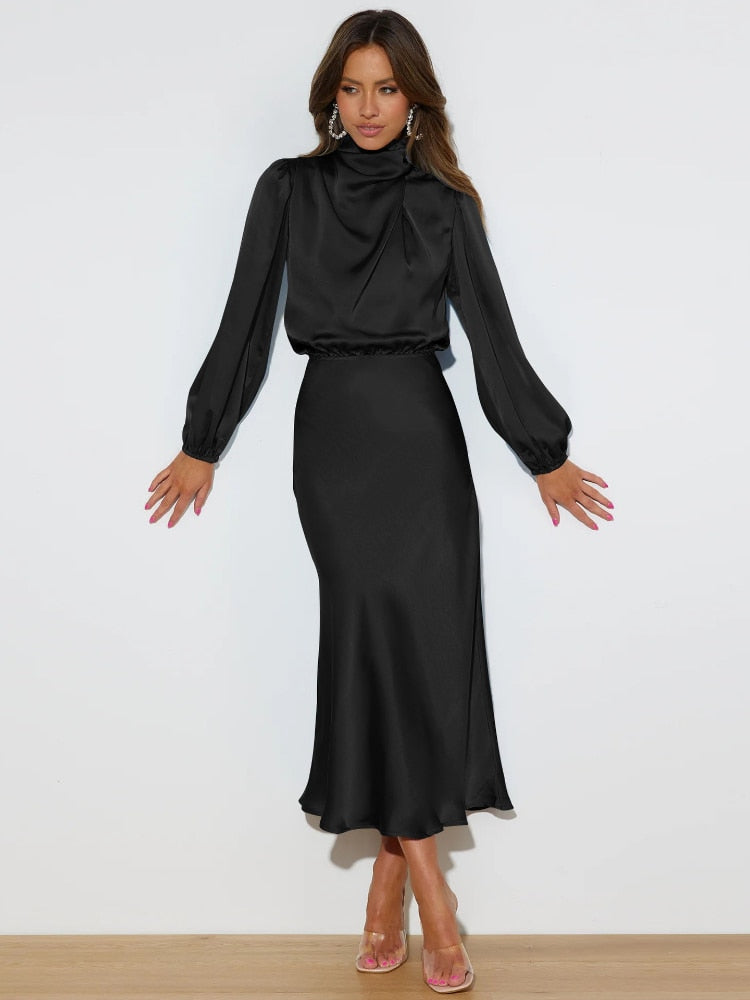 Dresses for Women's 2023 New Autumn Satin Long Sleeves Elegant Party Dresses Korean Fashion LOOSE Long Dresses Women's Clothing