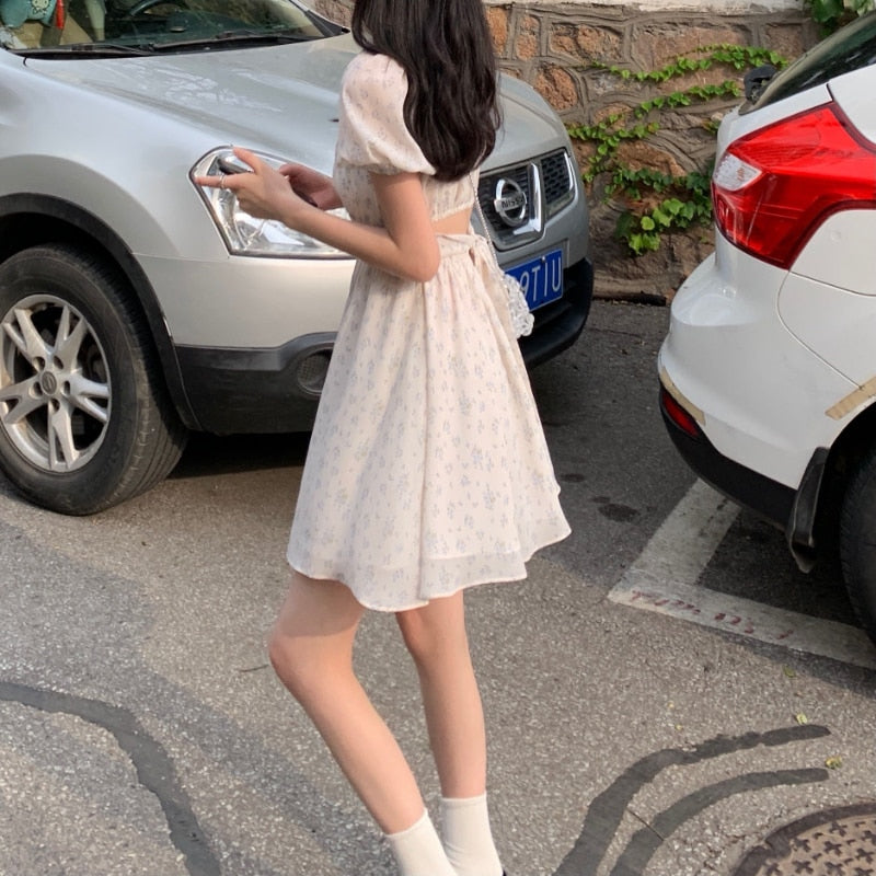 Dresses Women Puff Sleeve Holiday Sundress Hollow Out Floral Design Korean Style College Lovely Simple Trendy Summer Vestidoes