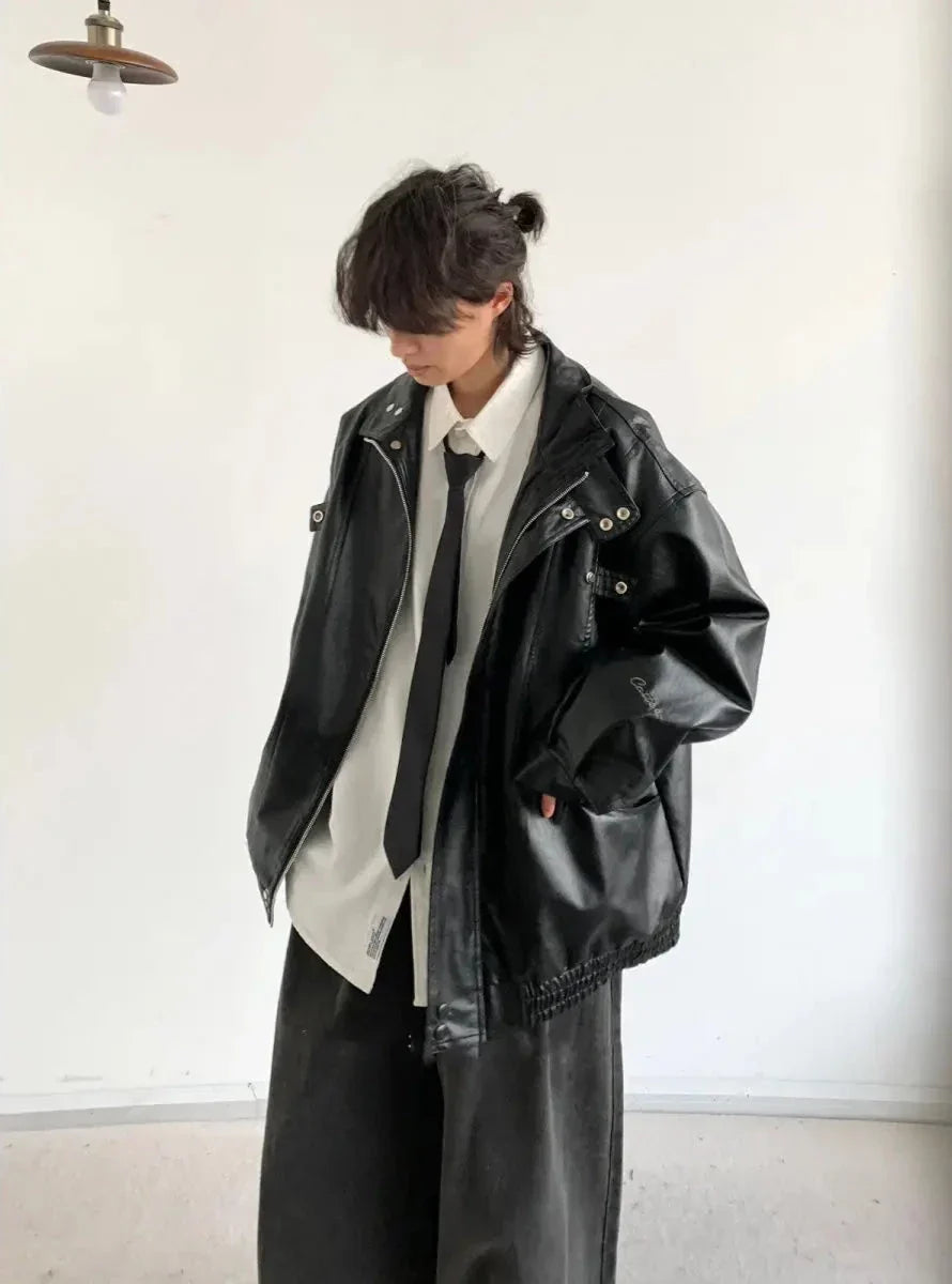 Loose Korean Casual Outfit Set - Leather Jacket, Shirt & Pants