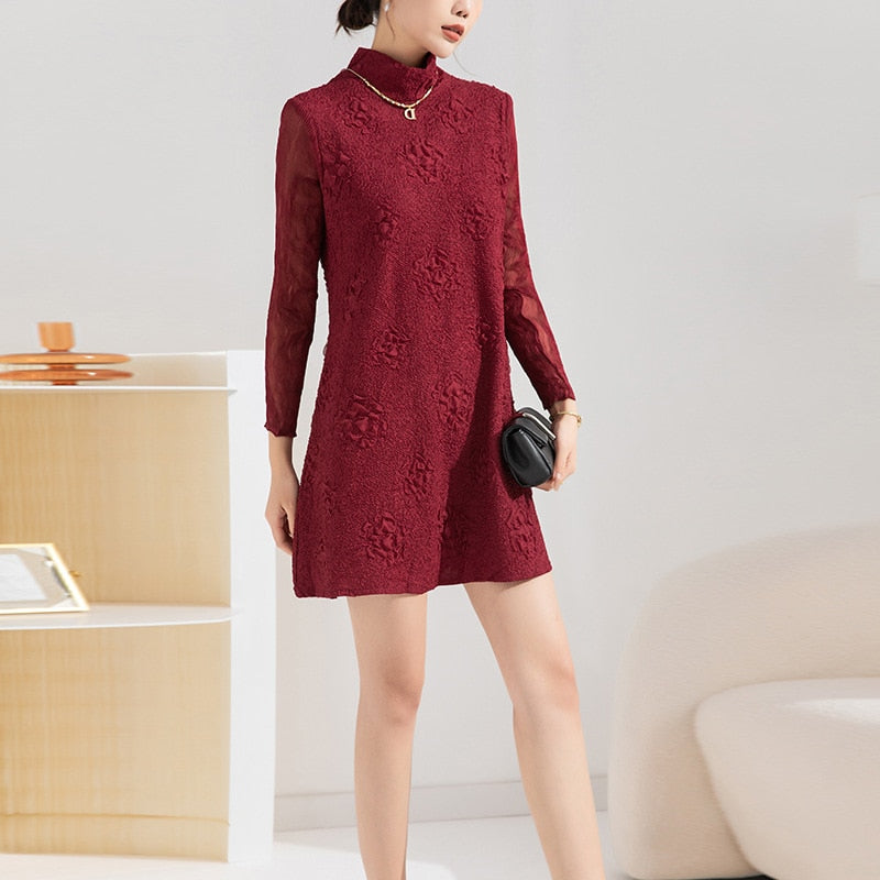 Dresses for Women Autumn Winter New Long Sleeve Half Turtleneck Embroidery Loose Large Size Fashion Elegant Casua Dress