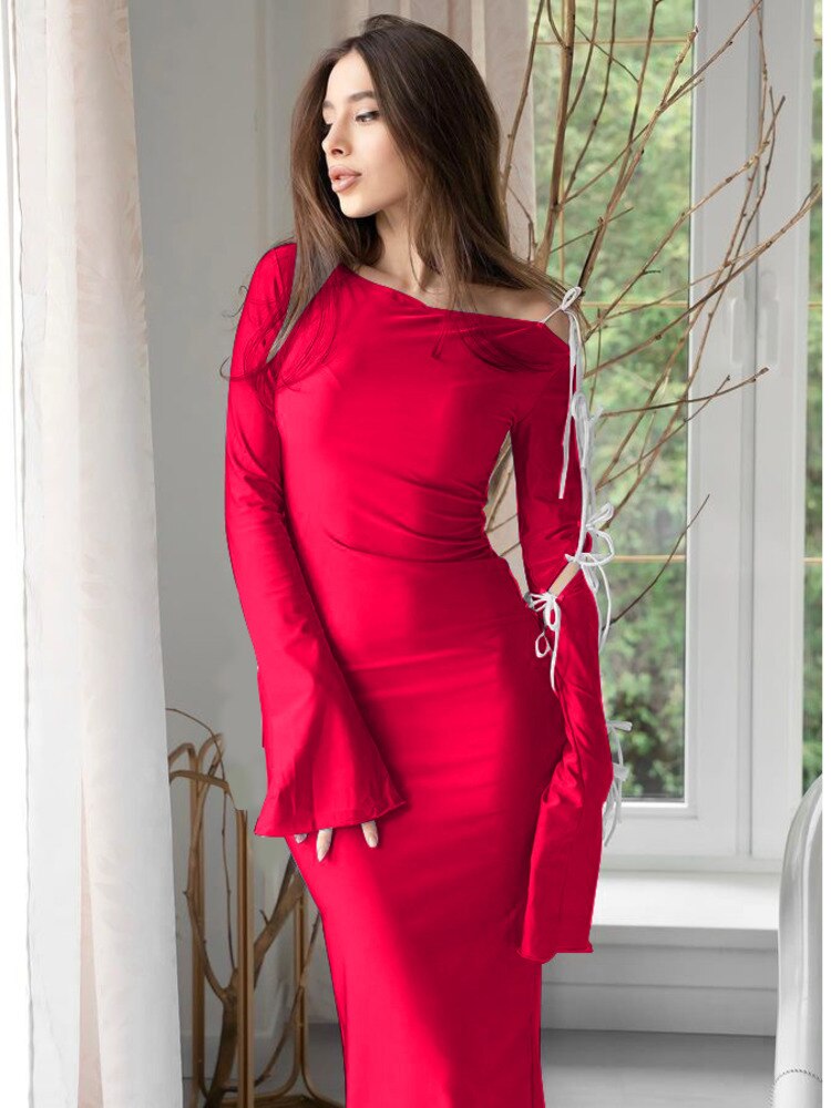 Elegant Bandage Hollow Out Long Sleeve Bodycon Maxi Dress For Woemn 2023 Autumn Blue Sexy Outfits Party Clubwear