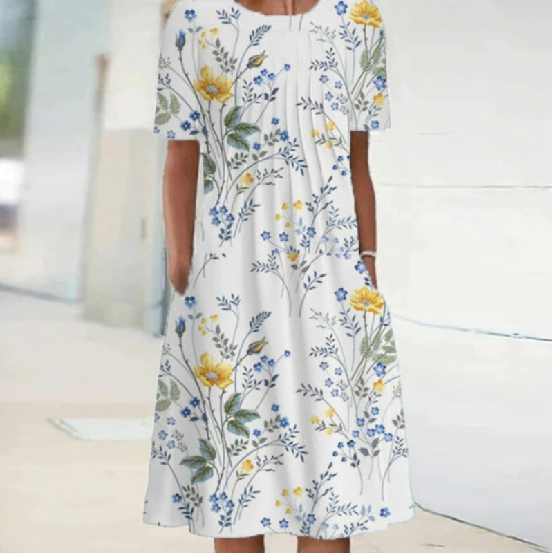 Dresses O-neck Knee-length Casual Print Empire Pullover Cotton Loose Women's Clothing Short Sleeve Summer Comfortable Leisure