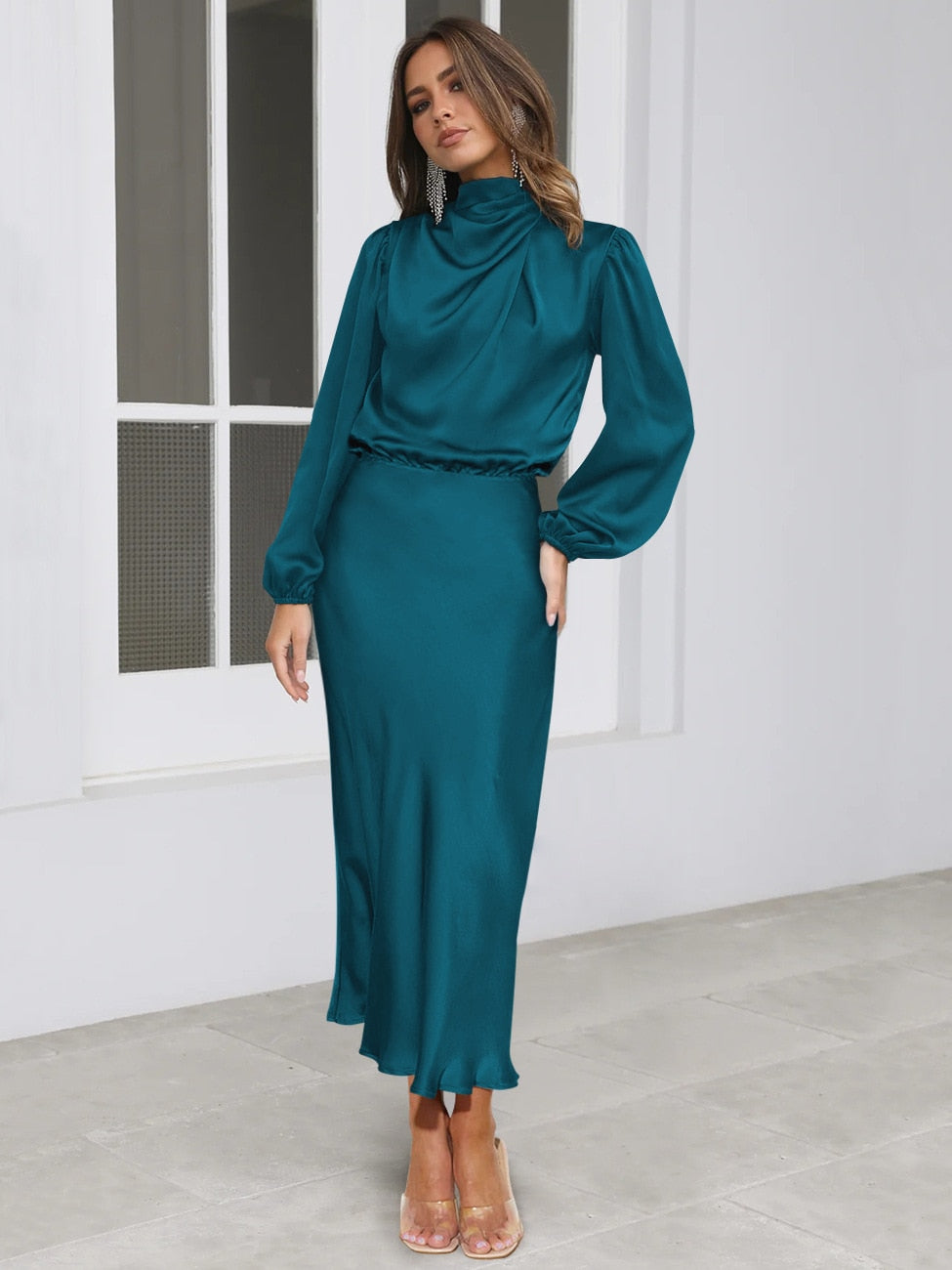 Dresses for Women's 2023 New Autumn Satin Long Sleeves Elegant Party Dresses Korean Fashion LOOSE Long Dresses Women's Clothing