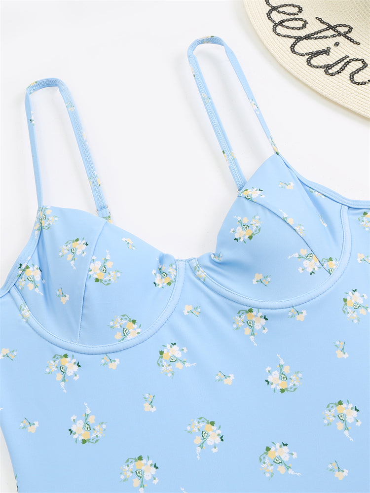Olive Floral Print Underwired One Piece Swimsuit - Blue