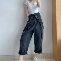 Black Denim Wide Overalls