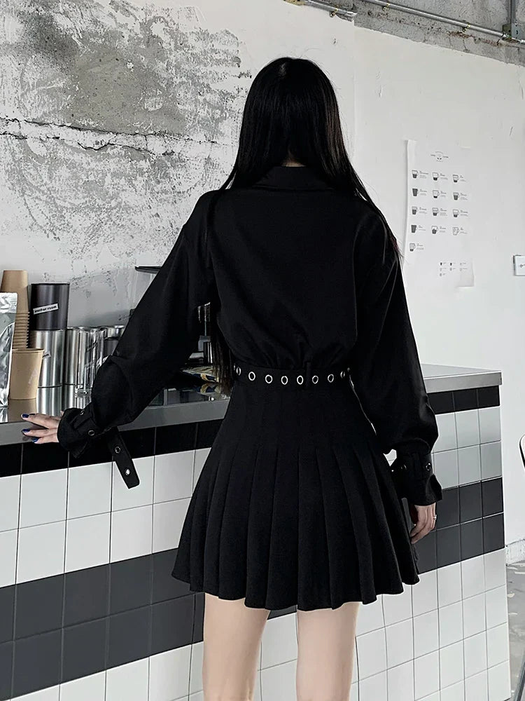Korean Gothic Pleated Shirt Dress