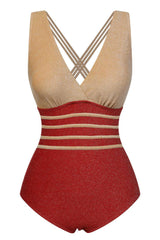 RED STRIPE PATCHWORK ONE-PIECE SWIMSUIT