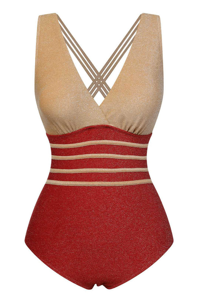 RED STRIPE PATCHWORK ONE-PIECE SWIMSUIT