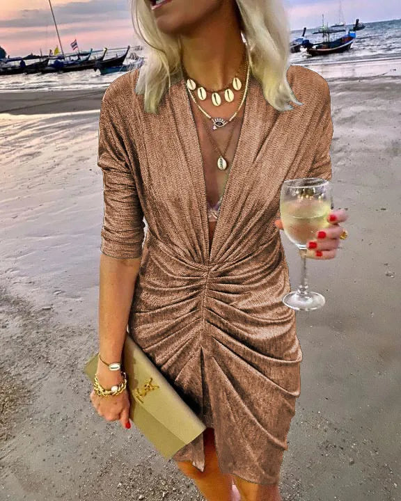Elegant Bright Silk Long Sleeve Ruched Mini Dress Women Sexy Deep V Slit Night Club Party Evening Dress Female Autumn Vestidos