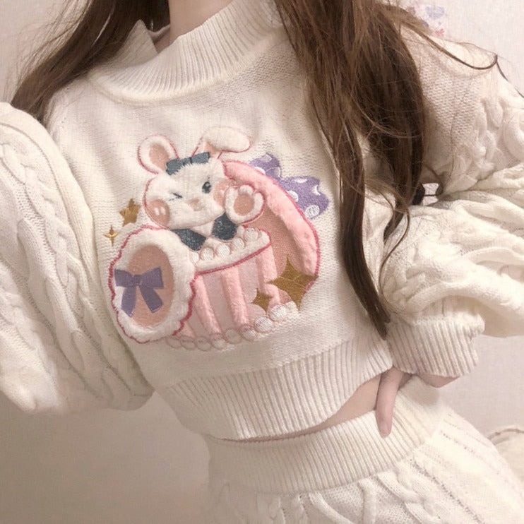 Sweet Rabbit Embroidery Skirt & Sweater Set
