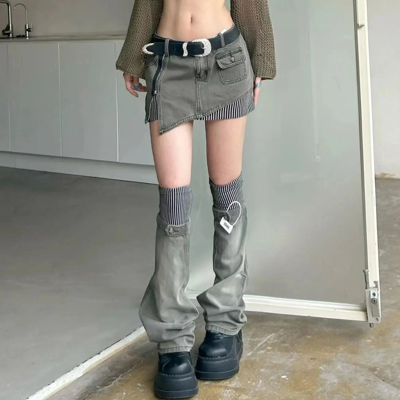 Y2K Denim Outfit Set - Skirt & Leg Warmers