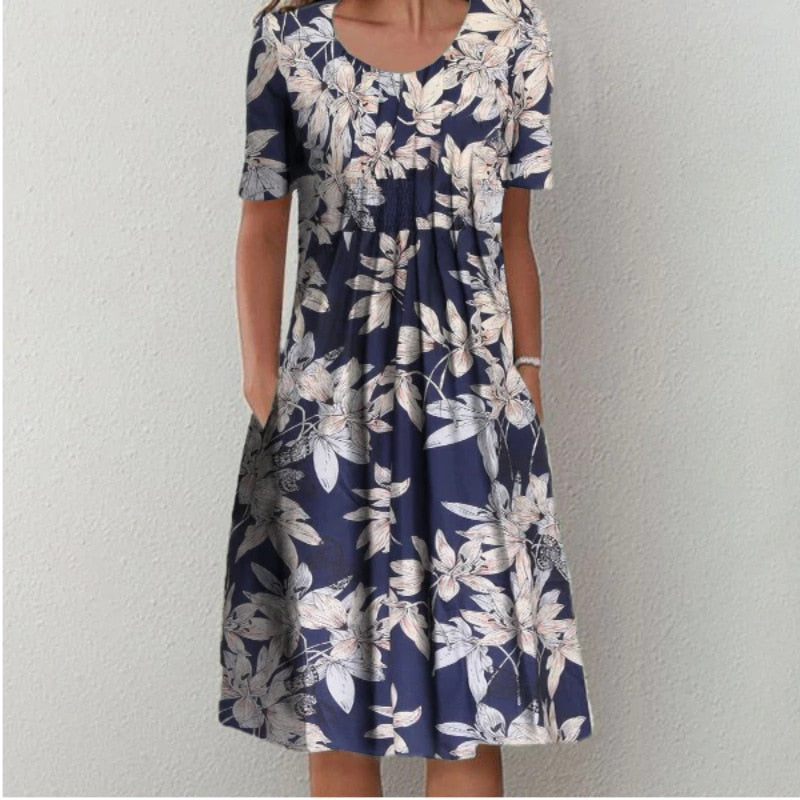 Dresses O-neck Knee-length Casual Print Empire Pullover Cotton Loose Women's Clothing Short Sleeve Summer Comfortable Leisure