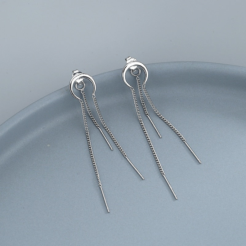 Silver Moon Crescent Chain Earrings