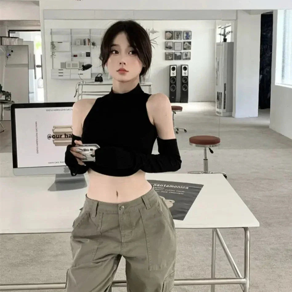 Y2K Dark Outfit Set - Crop Top & Arm Warmers