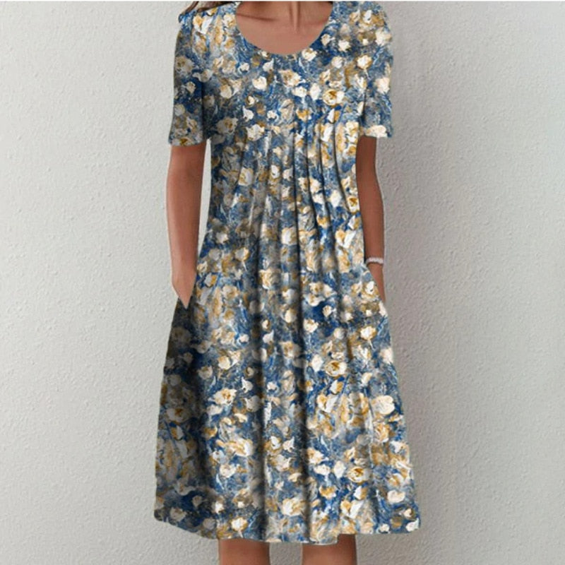 Dresses O-neck Knee-length Casual Print Empire Pullover Cotton Loose Women's Clothing Short Sleeve Summer Comfortable Leisure