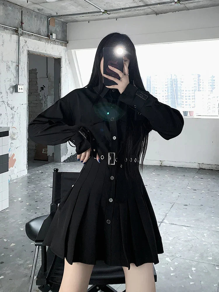 Korean Gothic Pleated Shirt Dress