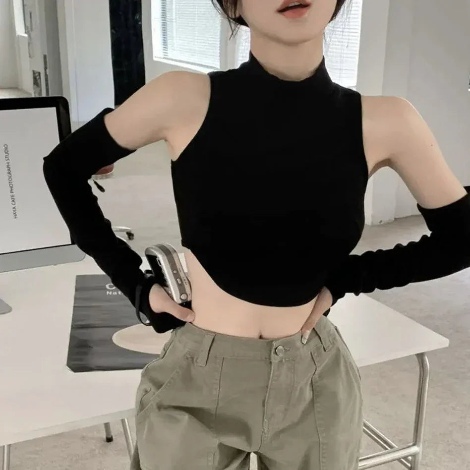 Y2K Dark Outfit Set - Crop Top & Arm Warmers