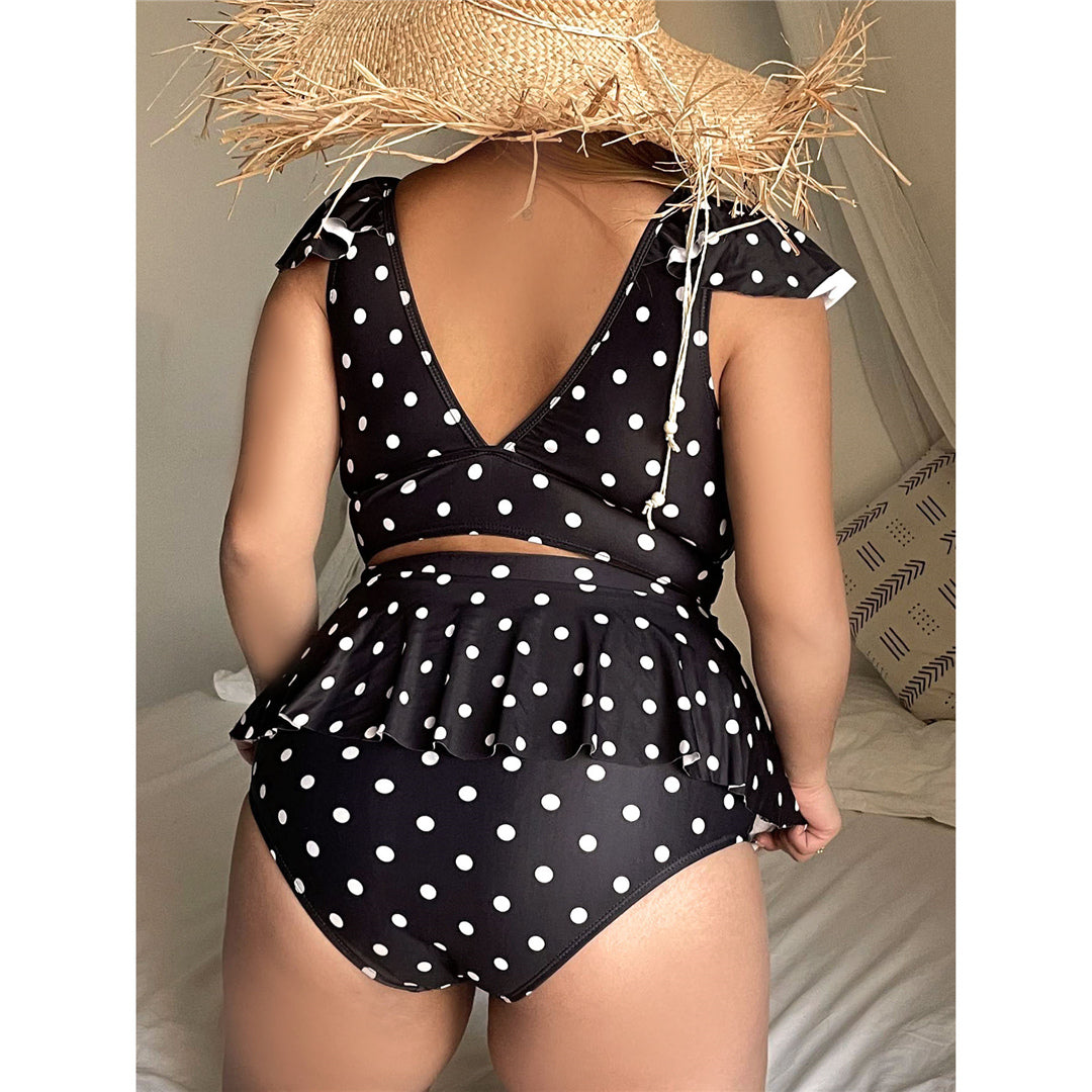 Black Polka Dot Print Ruffle Bikini Set