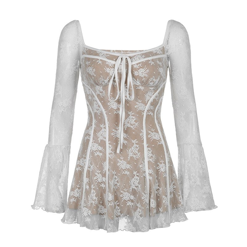 Elegant Birthday Short Dress Women's Square Collar Lace Patchwork Full Sleeve Party Mini Dresses Fairycore Aesthetic