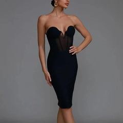 Malaika - Black Mesh Insert Midi Bandage Dress