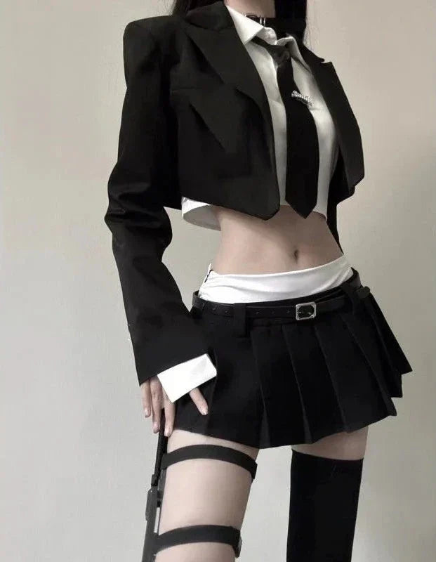 Korean Slim Office Outfit Set - Blazer, Shirt & Mini Skirt