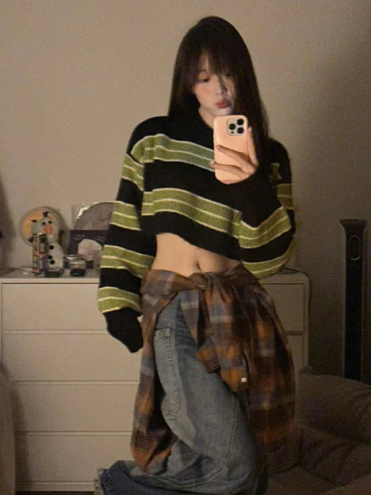 Grunge Striped Cropped Loose Sweater