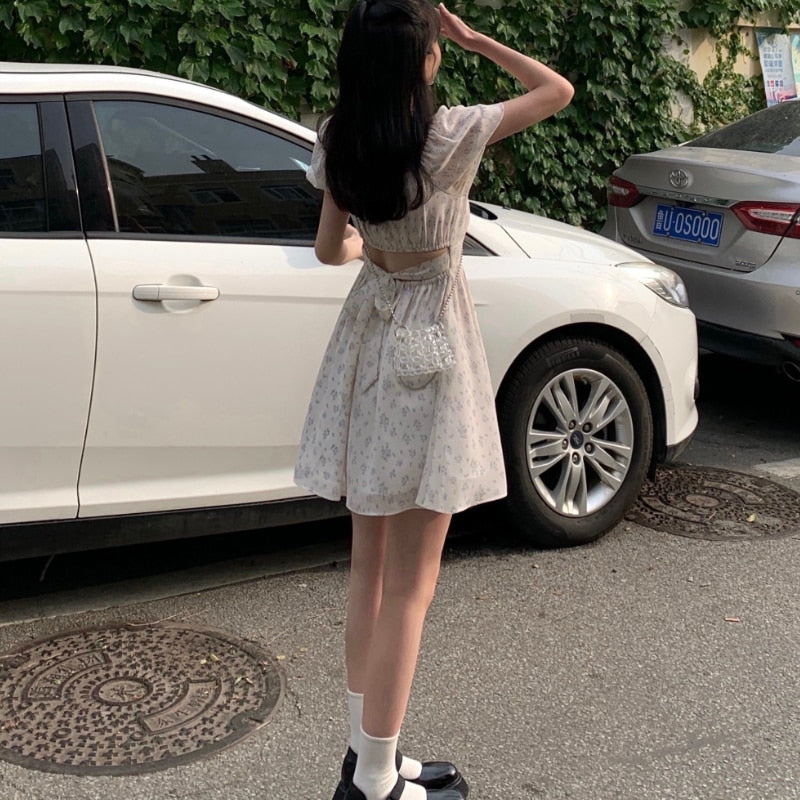Dresses Women Puff Sleeve Holiday Sundress Hollow Out Floral Design Korean Style College Lovely Simple Trendy Summer Vestidoes