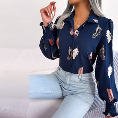 Brie - Blue Leaf Print Lantern Blouse