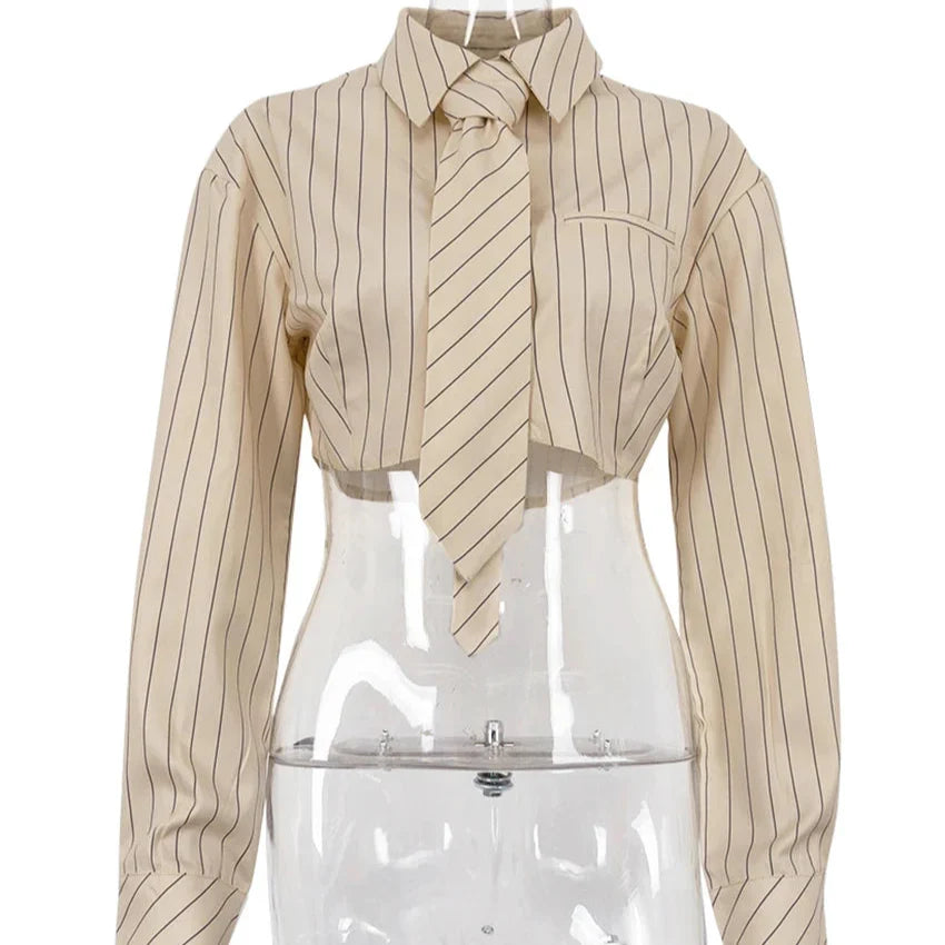 Berlin - Beige Pinstripe Crop Top With Tie