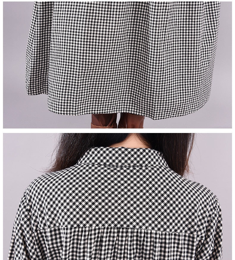 Dresses for Women Loose Stitching Cotton and Linen Plaid Long-sleeved Dress Women's Lace-up Waist Midi Skirt  Elegantly
