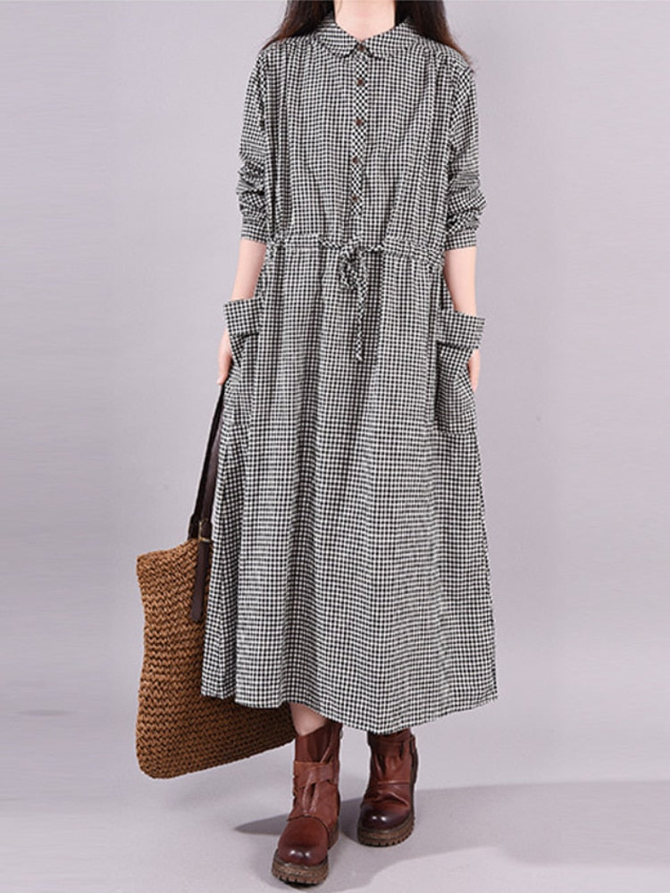 Dresses for Women Loose Stitching Cotton and Linen Plaid Long-sleeved Dress Women's Lace-up Waist Midi Skirt  Elegantly