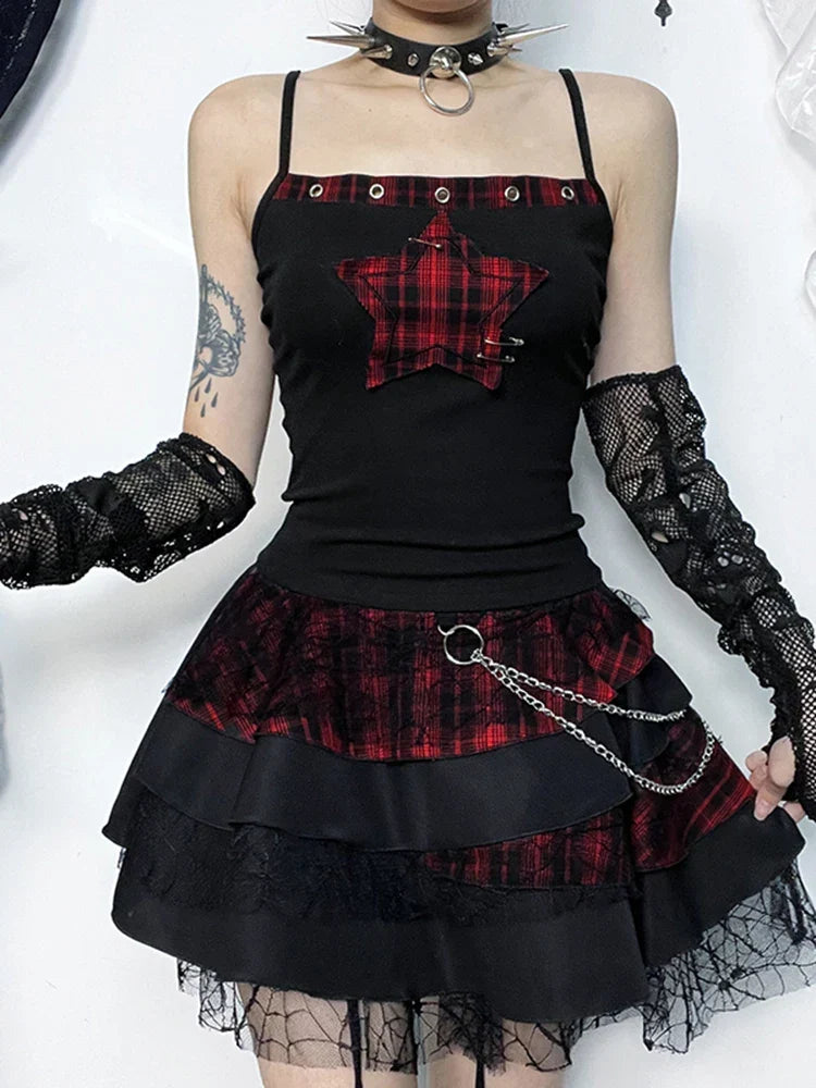 Y2K Red Plaid Gothic Dress