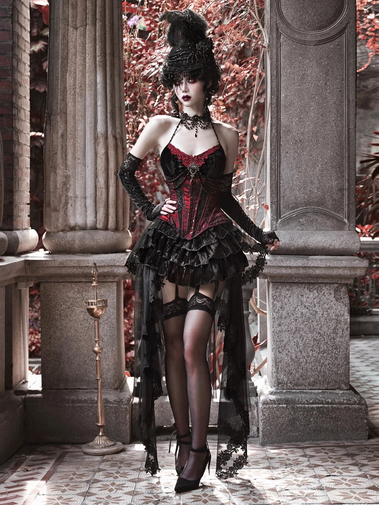 Gothic Velvet Outfit Set - Top, Skirt & Corset