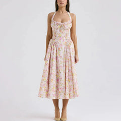 Solene - Floral A Line Midi Halter Neck Dress