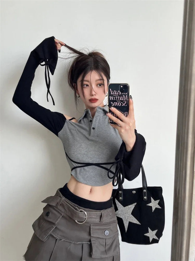 Y2K Off-Shoulder Patchwork Crop Top