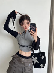 Y2K Off-Shoulder Patchwork Crop Top
