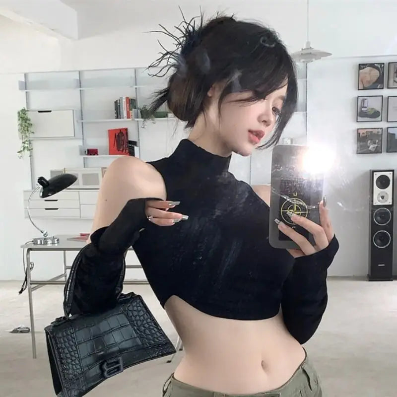 Y2K Dark Outfit Set - Crop Top & Arm Warmers