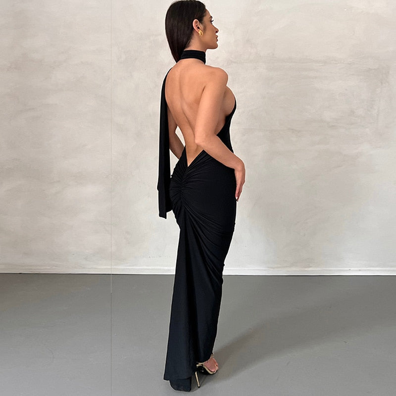 Elegant Backless Party Dress for Women Summer Sexy Halter Neck Bodycon Maxi Dress 2023 Evening Club Long Dress Black Vestido