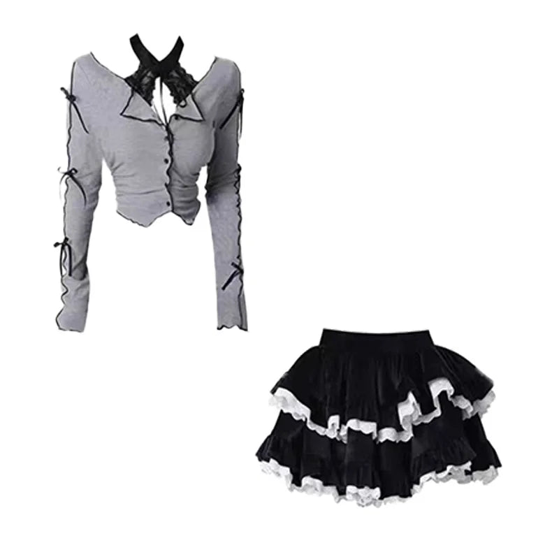 Kawaii Gothic Warm Outfit Set - Cardigan & Mini Skirt