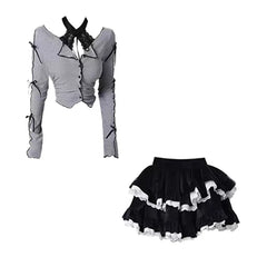 Kawaii Gothic Warm Outfit Set - Cardigan & Mini Skirt