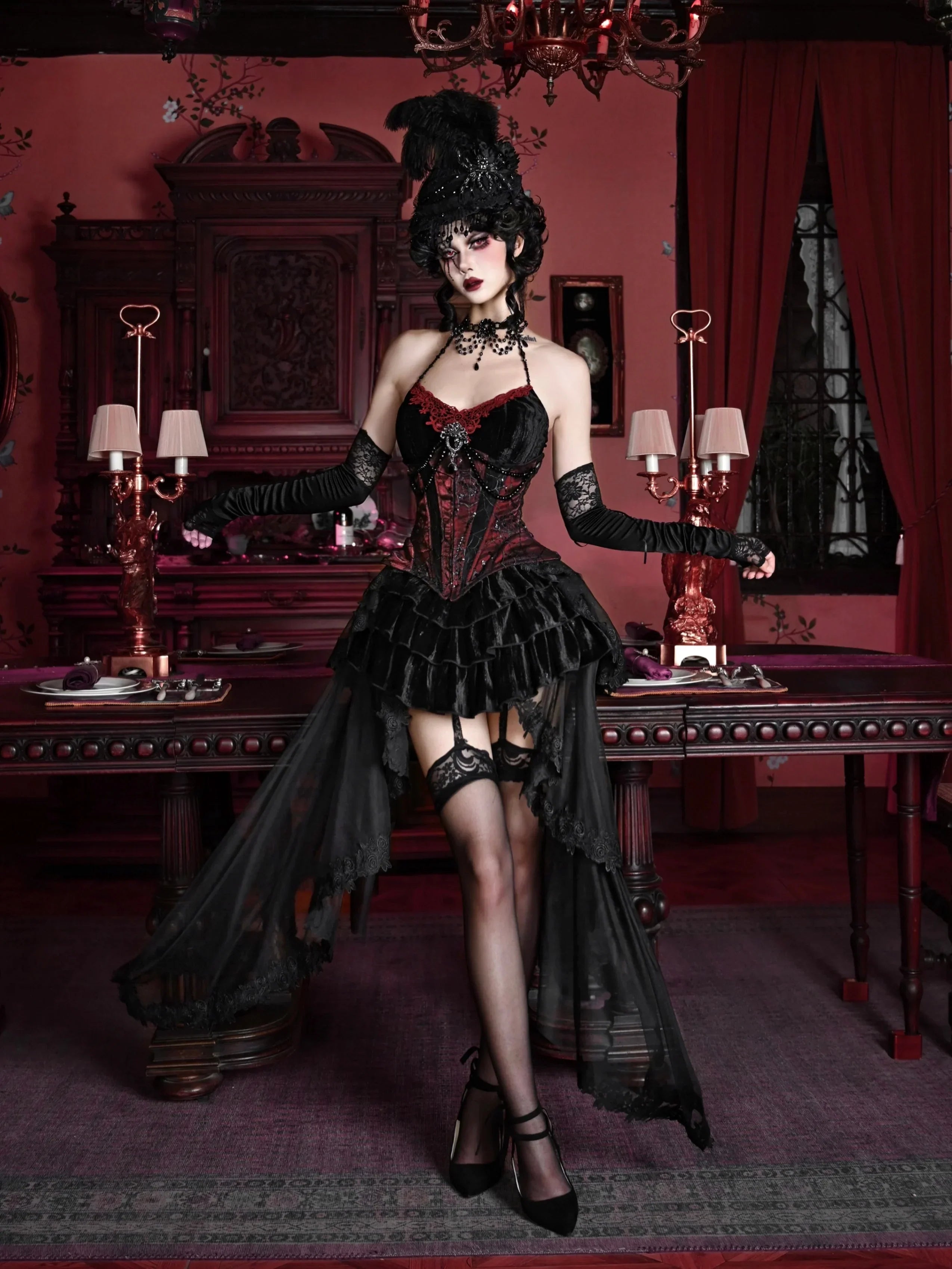 Gothic Velvet Outfit Set - Top, Skirt & Corset