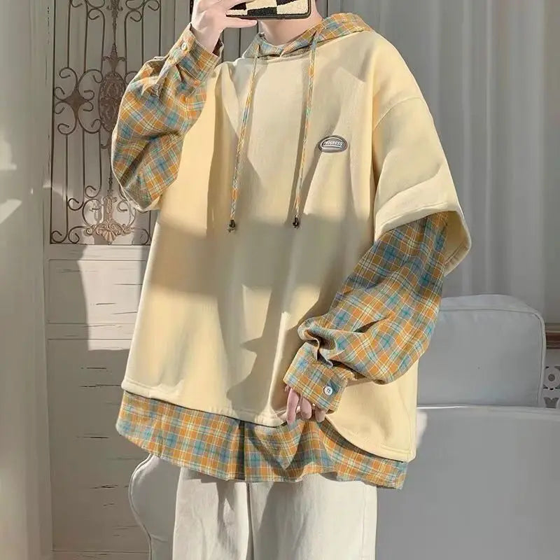 Plaid Spliced Lace-Up Hoodie