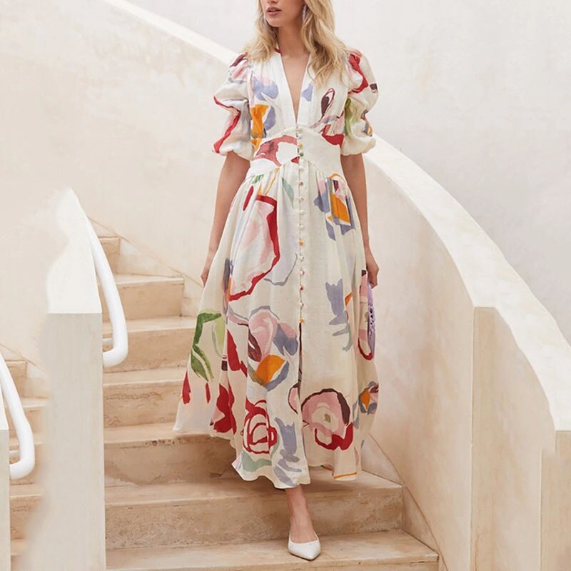 Dresses For Women 2023 Summer Sexy Print Long Maxi Dress Ladies Elegant Button Up Boho Floral Ruffles Pink Robe Vestidos