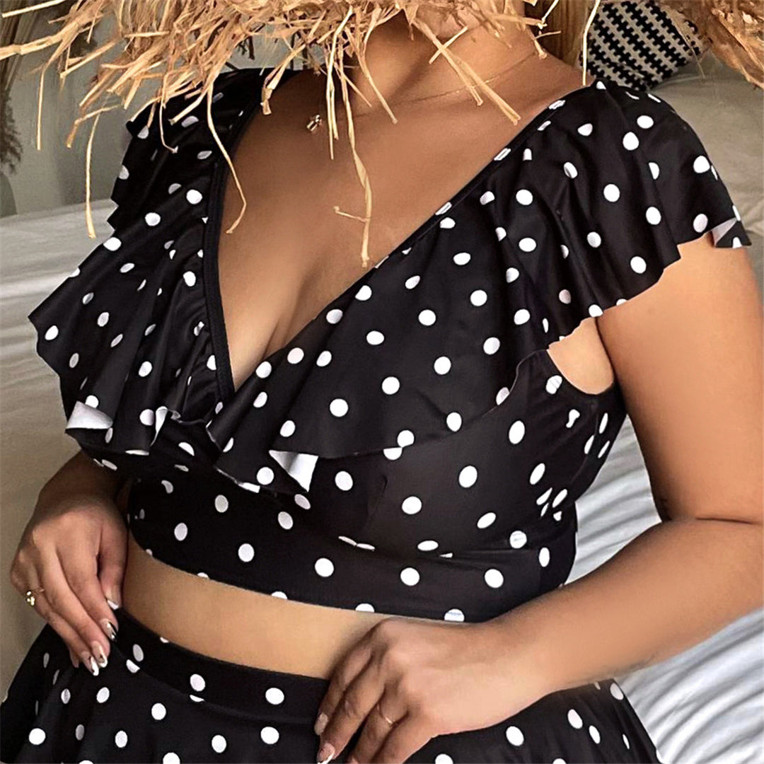 Black Polka Dot Print Ruffle Bikini Set